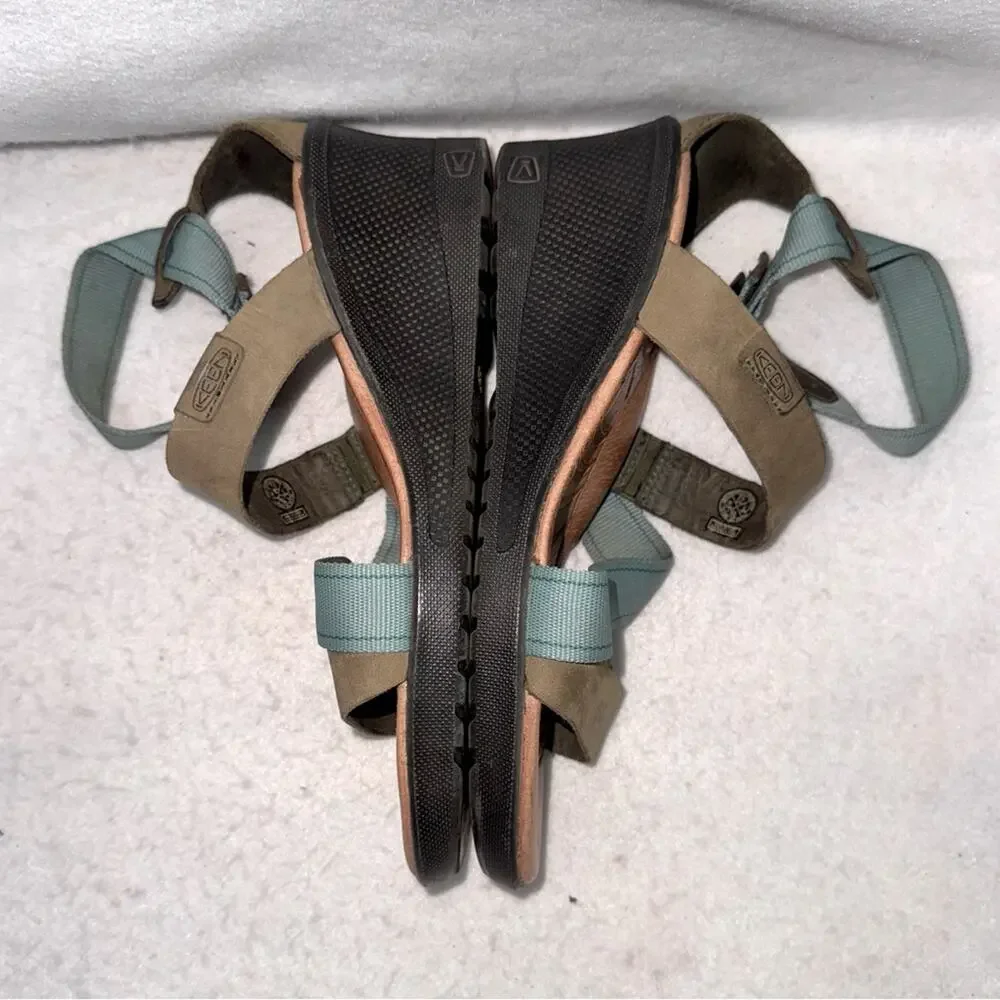 Women’s Keen Strappy Sandals Wedges Arch Support Teal & Taupe 7.5 Ankle Strap